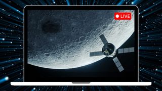 graphic showing orion spacecraft flying close to the moon.