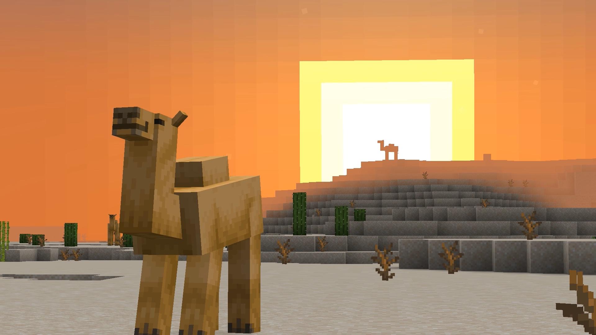 Minecraft 1.20 - A camel stands in a desert at sunset