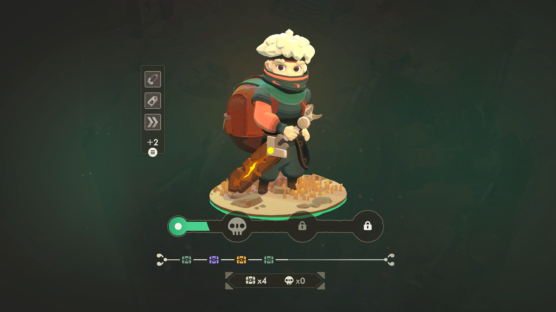 The results screen of a dungeon run, showing the hero with his equipment, in Moonlighter 2.