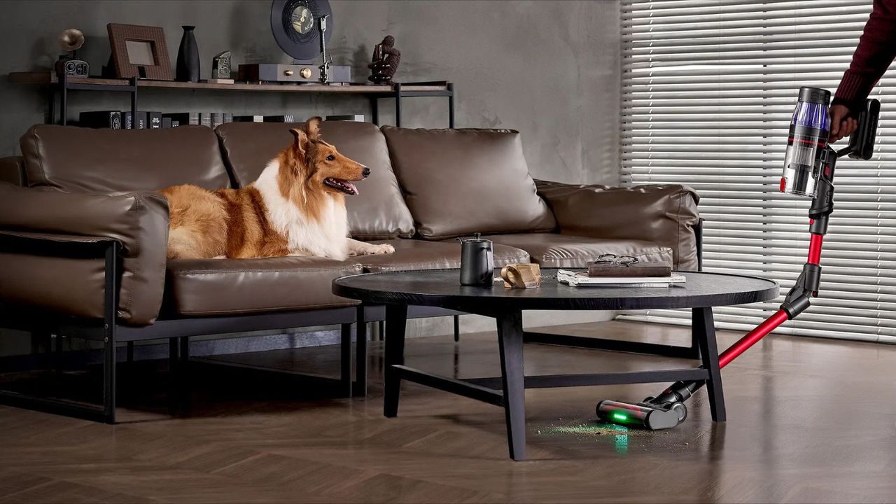 Modern living room with dog sat on brown sofa, and somebody vacuuming under dark coffee table using the Ultenic U16 Flex.