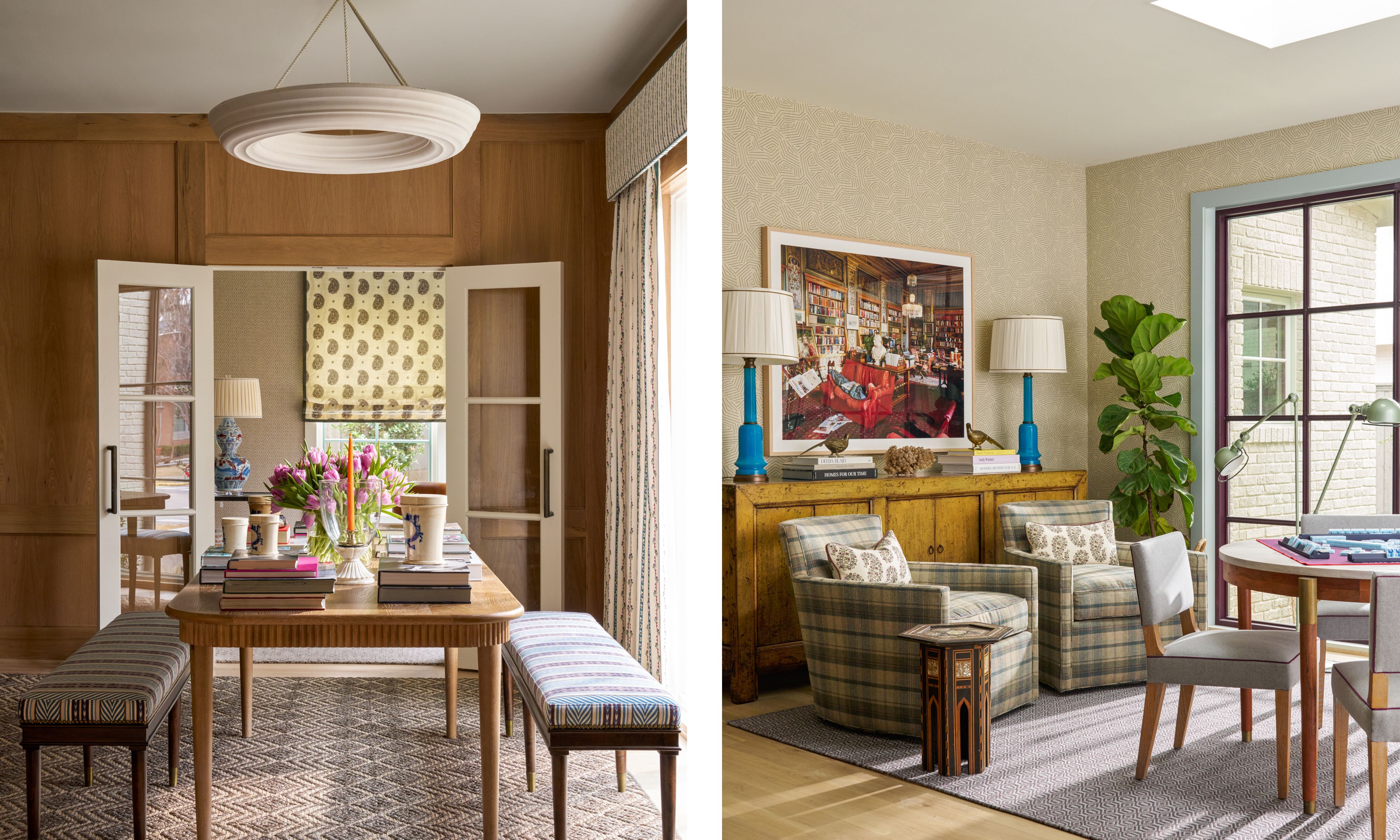 A side-by-side interior image showing two distinct rooms. On the left is a dining room with light wood paneled walls, a wooden table set with flowers and books, two upholstered benches, and a large white ring chandelier. On the right is a sitting area with patterned beige wallpaper, two plaid armchairs, a wooden credenza, a large framed artwork, and a small round table with gray chairs by a window.