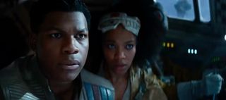 Finn (John Boyega) and Jannah (Naomi Ackie) seem nervous about something. Perhaps they've discovered the hidden fleet of Imperial Star Destroyers.