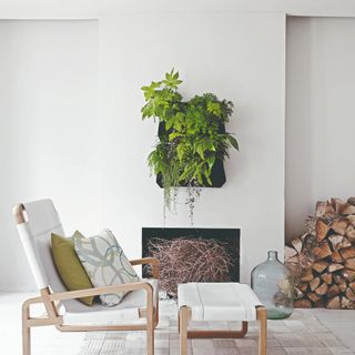 A minimalist living room with a plant feature on the wall, a fire place and a stack of fire wood