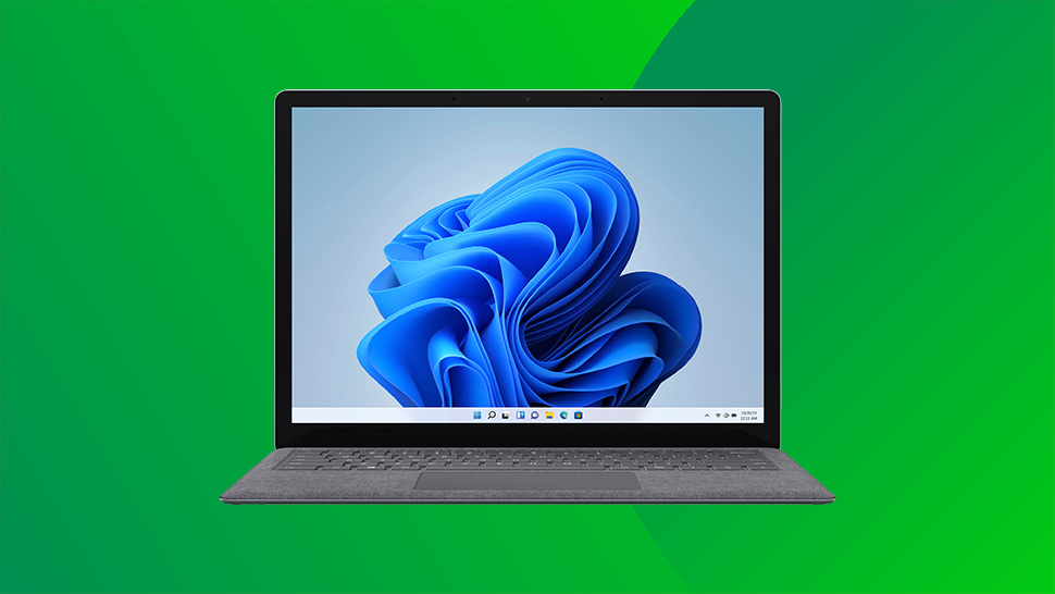 The Surface Laptop 4 on a green background with gradients.