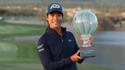 Celine Boutier with the trophy after her win at the 2023 LPGA Drive On Championship