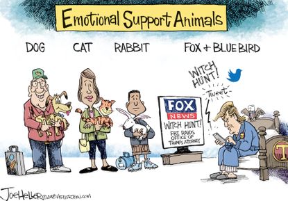 Political cartoon U.S. Trump Fox News Twitter emotional support animals