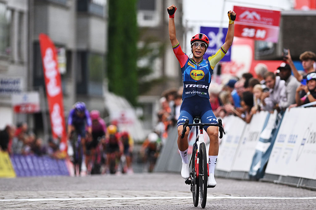 Elisa Balsamo (Lidl - Trek) celebrates after winning the 2026 Egmont Cycling Race in Belgium. (Photo by Luc Claessen/Getty Images)