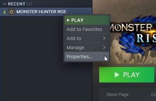 Monster Hunter Rise reset - the properties option in Steam
