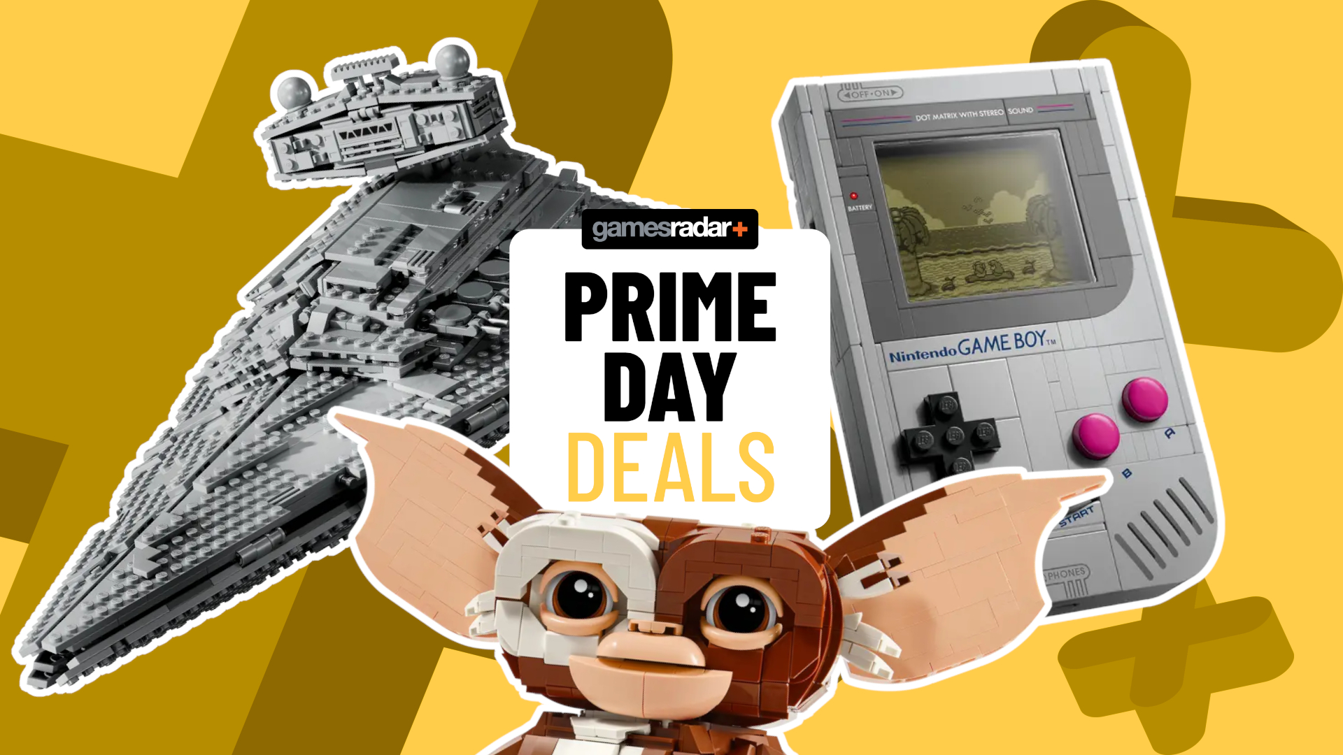 Lego Imperial Star Destroyer, Gizmo, and Game Boy sets on either side of a GamesRadar+ &#039;Prime Day deals&#039; badge, all against a yellow background