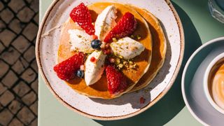 Pancakes stack with strawberries