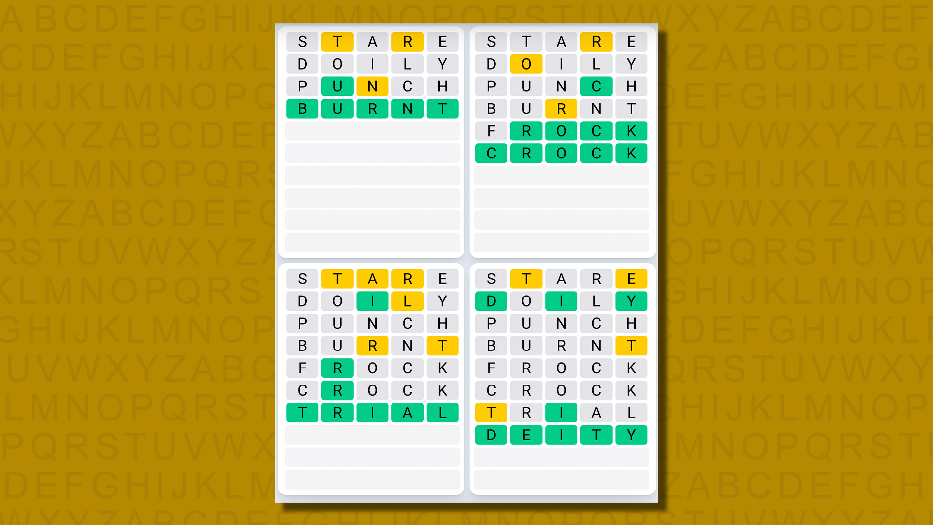 Quordle daily sequence answers for game 604 on a yellow background