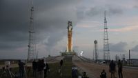 NASA's Artemis II Space Launch System rocket and Orion spacecraft sit on Launch Pad 39B at the Kennedy Space Center, Florida on March 31, 2026.