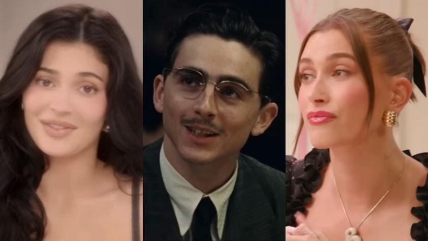 From left to right: Kylie Jenner looking into the camera, Timothee Chalamet in Marty Supreme looking to his left and Hailey Bieber during a video on her YouTube channel looking to her left. 