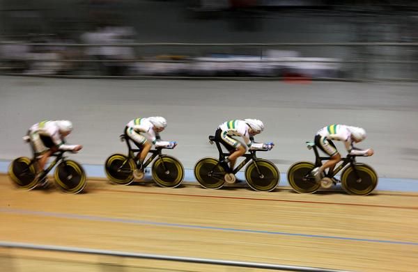 The Australians on track for a sub-four minute team pursuit.