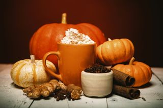A pumpkin spiced latte in an orange mug surrounded by pumpkins and cinnamon sticks.