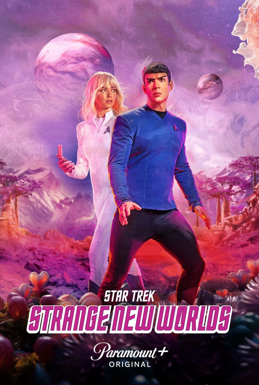 A white-uniformed female and a male blue-shirted alien sci-fi character on an alien planet