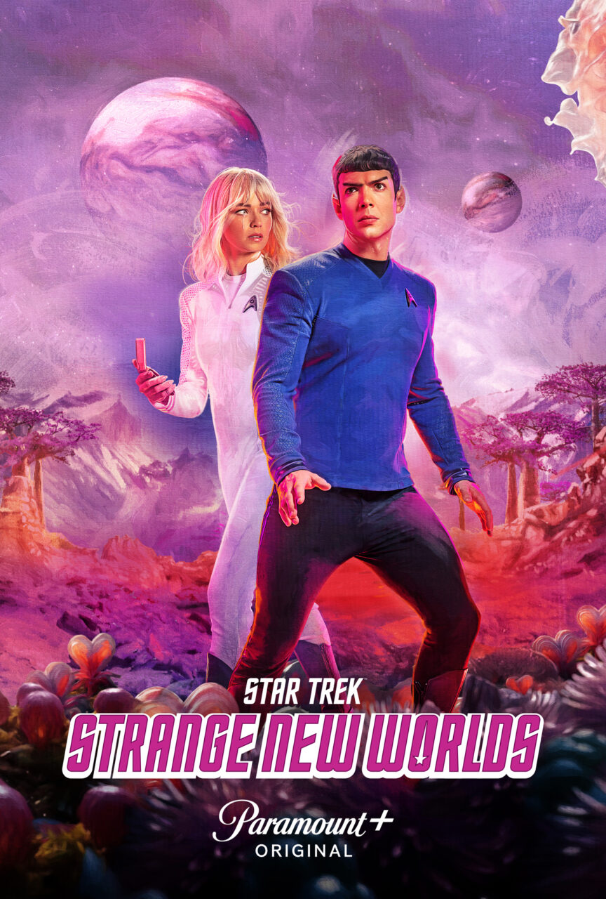 A white-uniformed female and a male blue-shirted alien sci-fi character on an alien planet