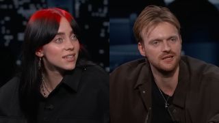 Screenshots of Billie Eilish and Finneas O'Connell on Jimmy Kimmel Live.