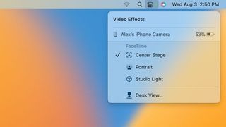 The Control Center menu bar item in macOS Ventura showing Center Stage selected as one of the Continuity Camera settings.