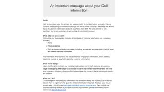 Notification email from Dell warning customers their information was leaked in a data breach