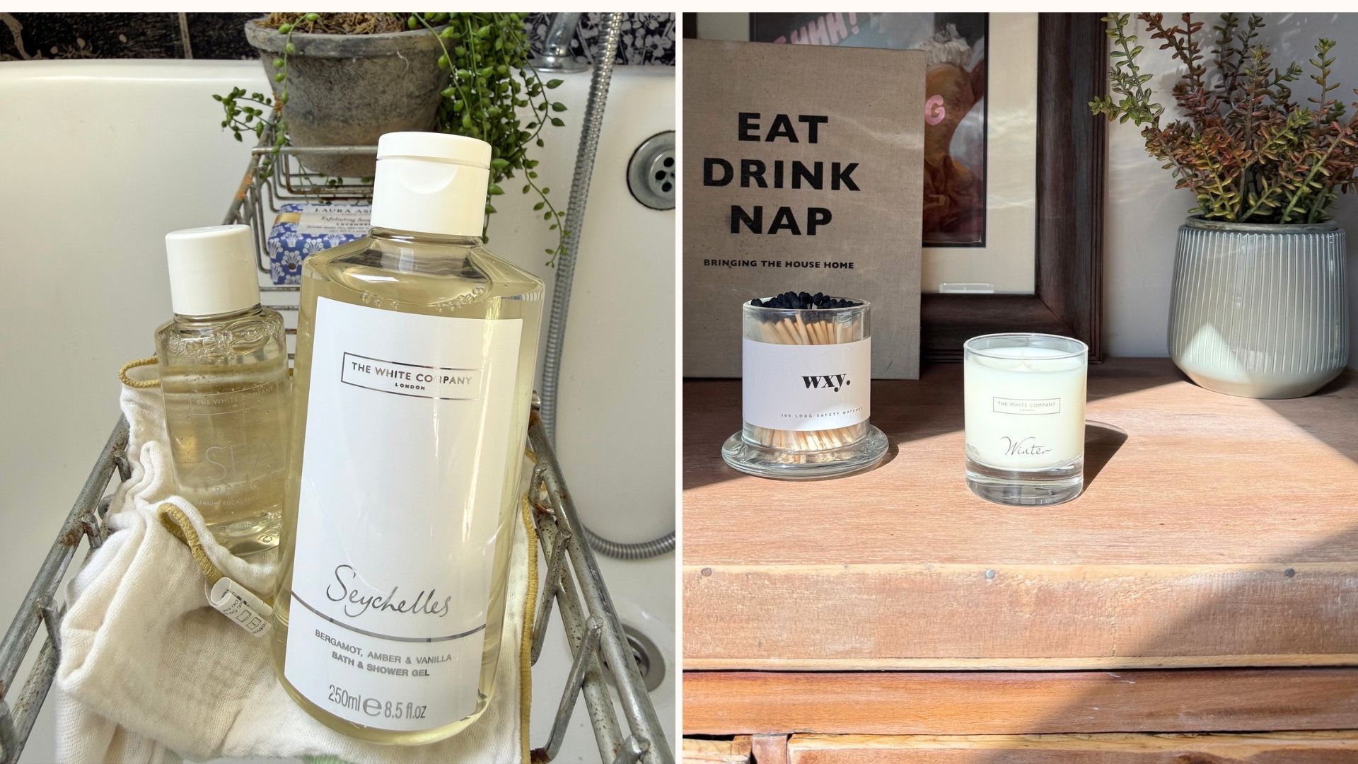 The White Company bath oil and Winter candle