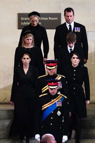 Lady Louise and James, Viscount Severn join the rest of Queen Elizabeth II's grandchildren for her vigil, also in attendance were Prince William, Prince Harry, Princess Beatrice of York, Princess Eugenie of York, Zara Tindall, and Peter Phillips