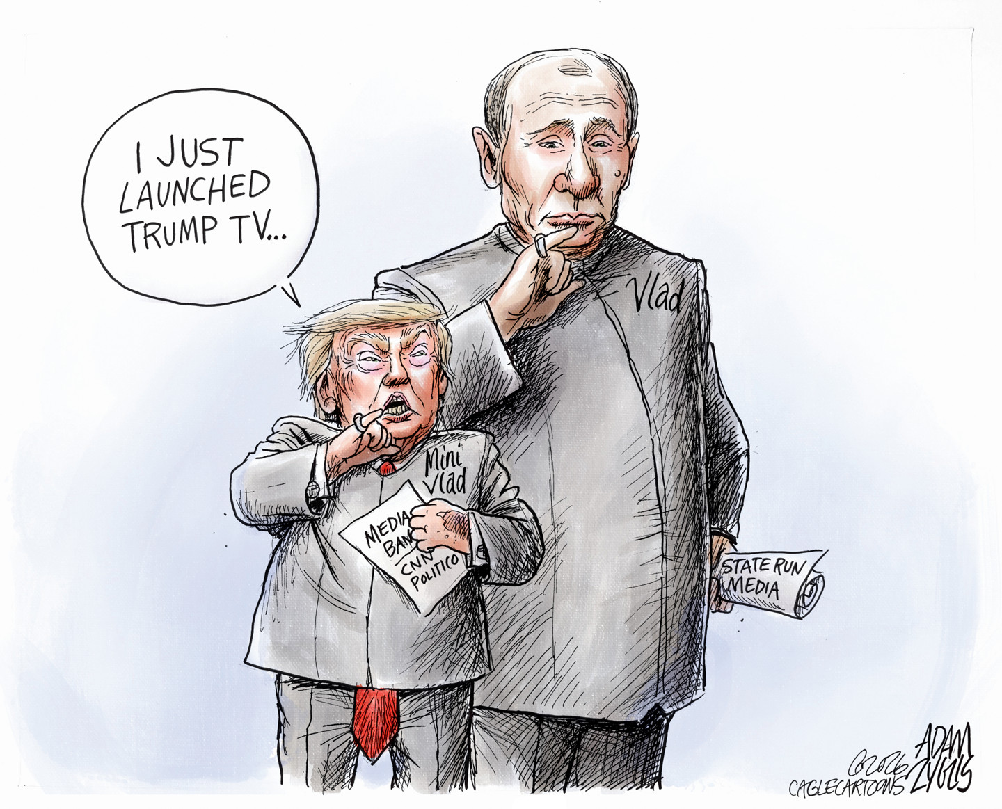 This cartoon depicts a small Donald Trump as a mini-Vlad next to a larger Vladimir Putin. Trump is Mini-Me and Putin is Dr. Evil from the Austin Powers films. Both hold papers referring to state-run media and bans of media. Trump says, &amp;ldquo;I just launched Trump TV&amp;hellip;&amp;rdquo;