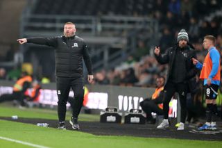 DERBY, ENGLAND - NOVEMBER 09: Wayne Rooney Plymouth Argyle head coach gestures during the Sky Bet Championship match between Derby County FC and Plymouth Argyle FC at Pride Park on November 09, 2024 in Derby, England. (Photo by Isabelle Field/Plymouth Argyle via Getty Images)