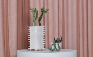 Two different sized white spiky designed plant pots holding succulents