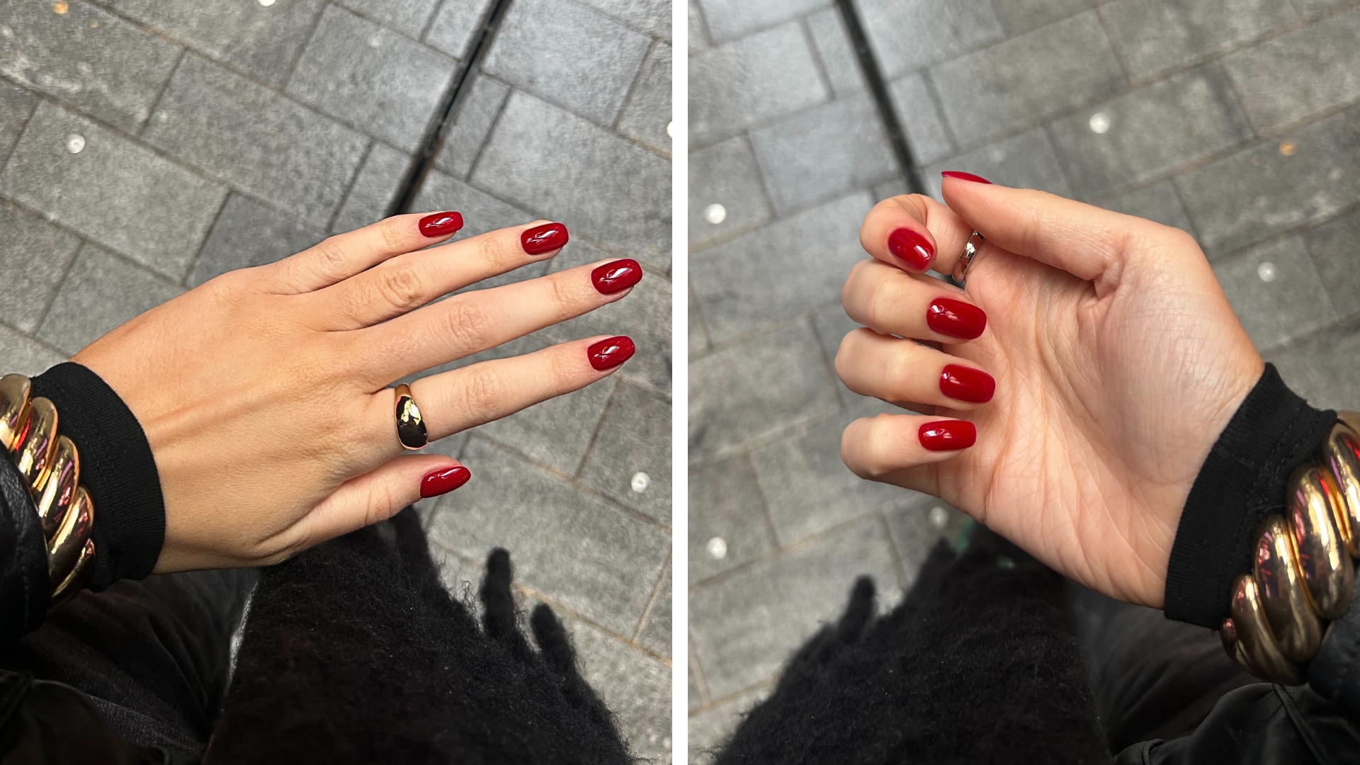 Two close-up pictures of Digital Beauty Writer, Sennen Prickett's hand, which features squoval red cranberry nails, taken above a pavement background