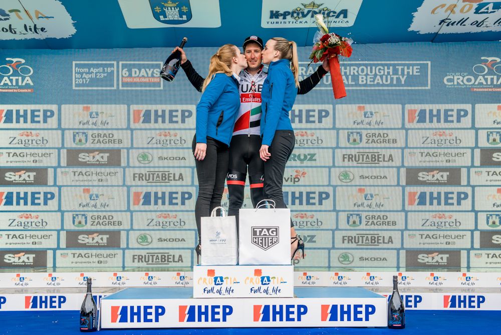 Sacha Modolo on the podium after winning stage 1 at Tour of Croatia