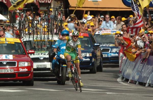 Floyd Landis crosses the line after an incredible 17th stage of the Tour de France in 2006.