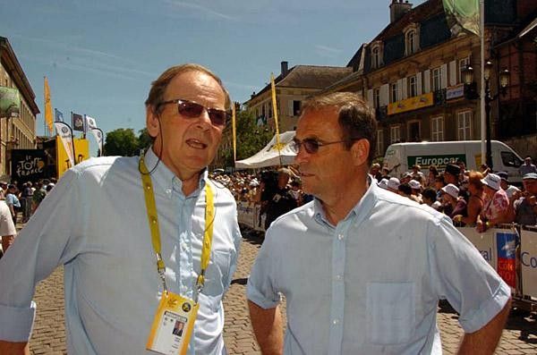 ASO president Patrice Clerc and Bernard Hinault at the start of stage six