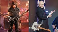 Michael Angelo Batio plays his double-neck electric guitar [left]; Billy Corgan performs with the Smashing Pumpkins, with an expression that suggests he is impressed by whatever he is seeing.