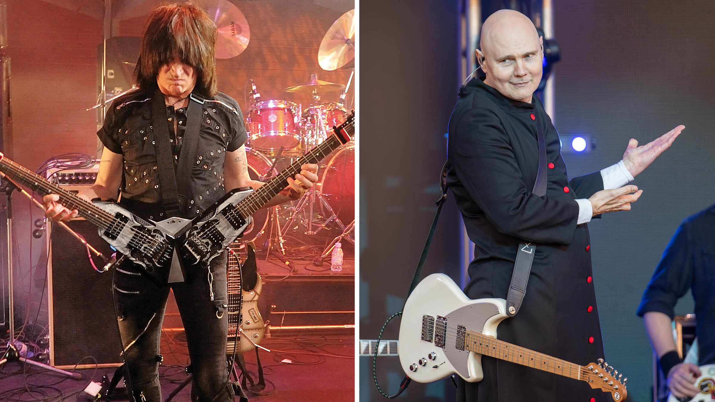 Michael Angelo Batio plays his double-neck electric guitar [left]; Billy Corgan performs with the Smashing Pumpkins, with an expression that suggests he is impressed by whatever he is seeing.
