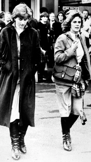 Lady Diana Spencer and Camilla Parker-Bowles at Ludlow Races where Prince Charles is competing, 1980