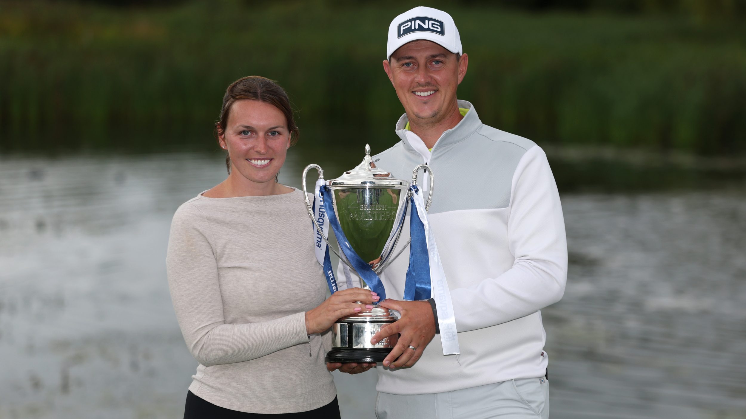Joe Dean and his wife Emily with the Husqvarna British Masters trophy