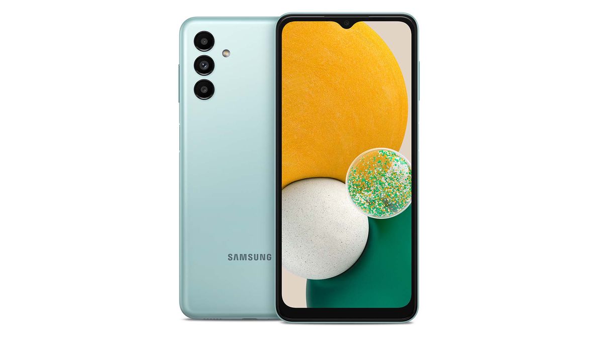 Samsung Galaxy A13 in green showing triple camera in rear and teardrop camera in front