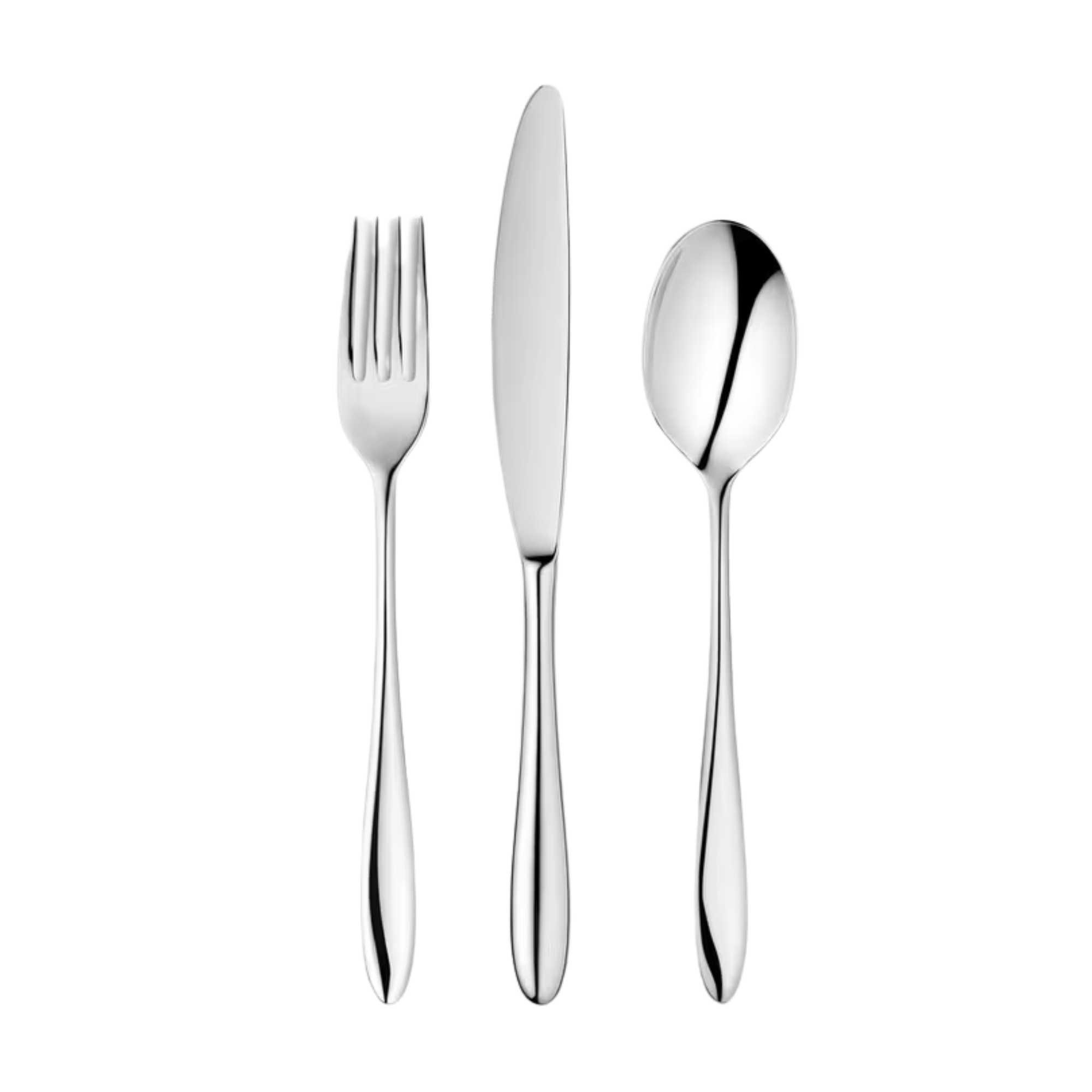 a fork, knife, and spoon in a glossy silver finish
