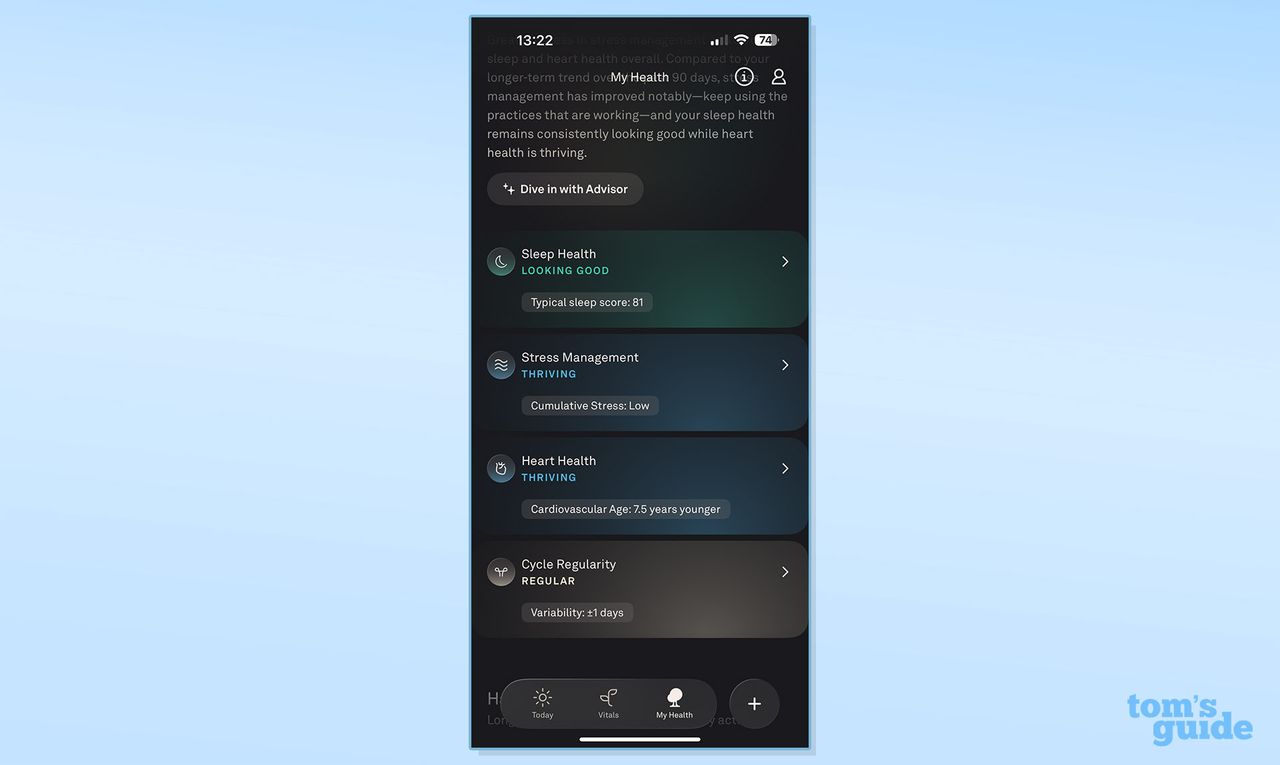 Summary of sleep health, stress management and heart health on Oura app against blue background