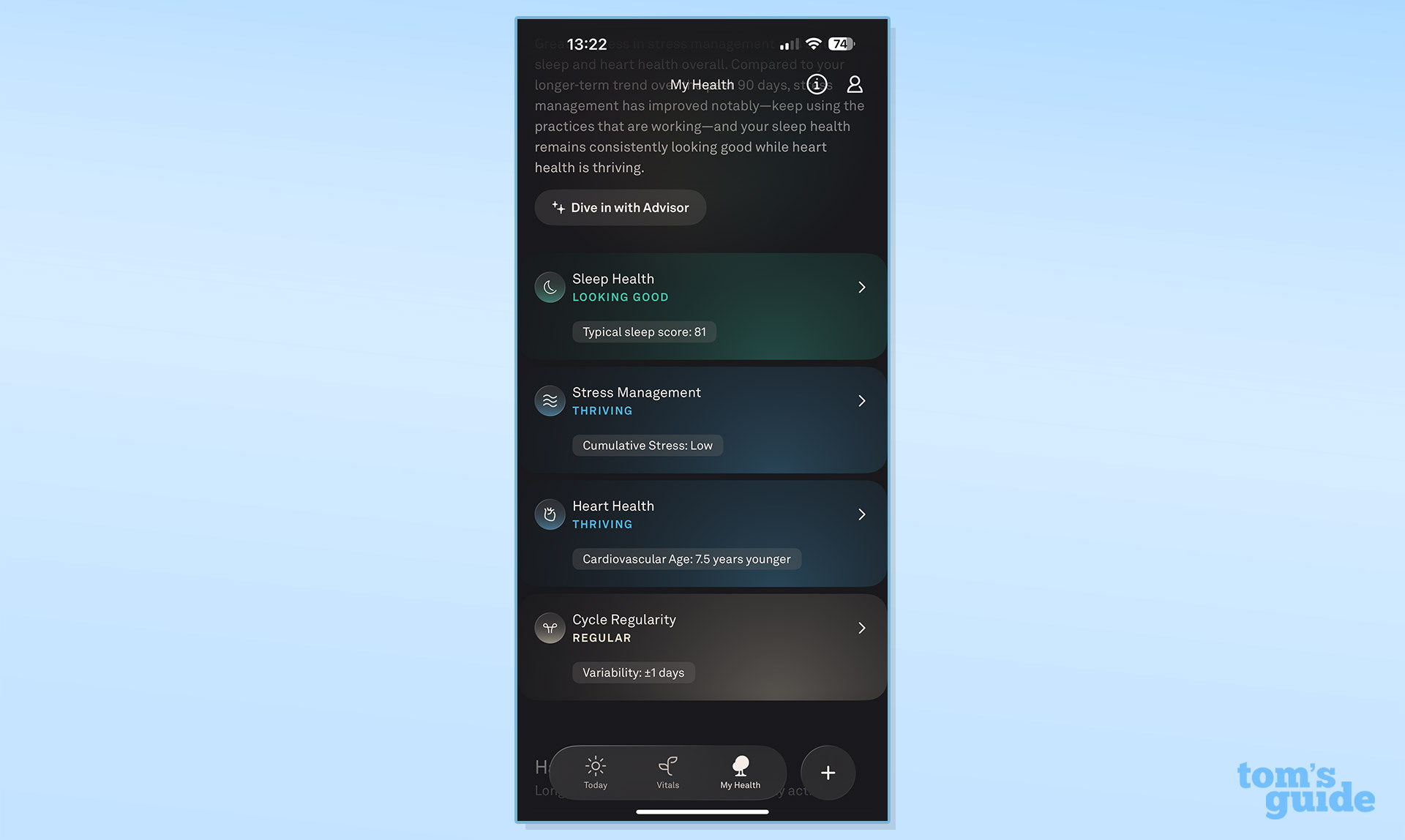 Summary of sleep health, stress management and heart health on Oura app against blue background