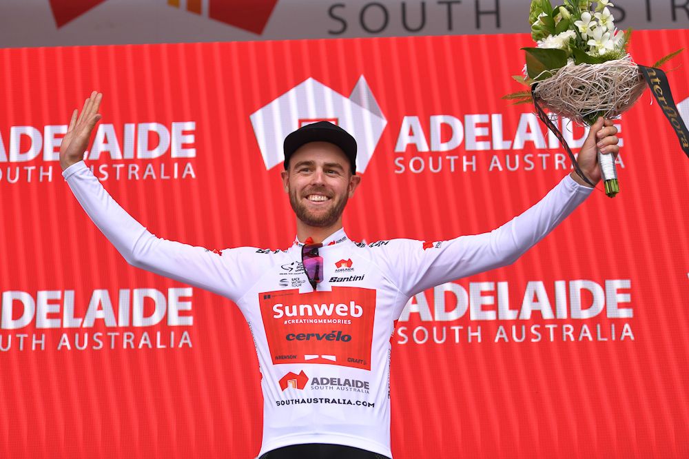 Chris Hamilton in the Tour Down Under's white jersey after stage 4