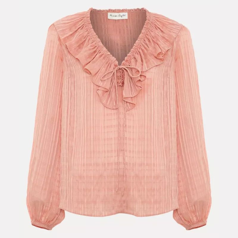 Phase Eight, long sleeve pink blouse with ruffle neckline