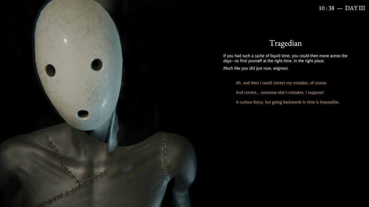Screenshot of Pathologic 3: talking to a character called Tragedian