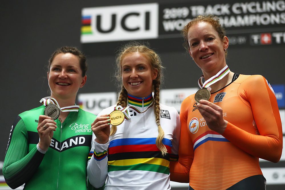 Alexandra Manly of Australia celebrates winning the gold medal in the Women's points race on day five of the UCI Track Cycling World Championships