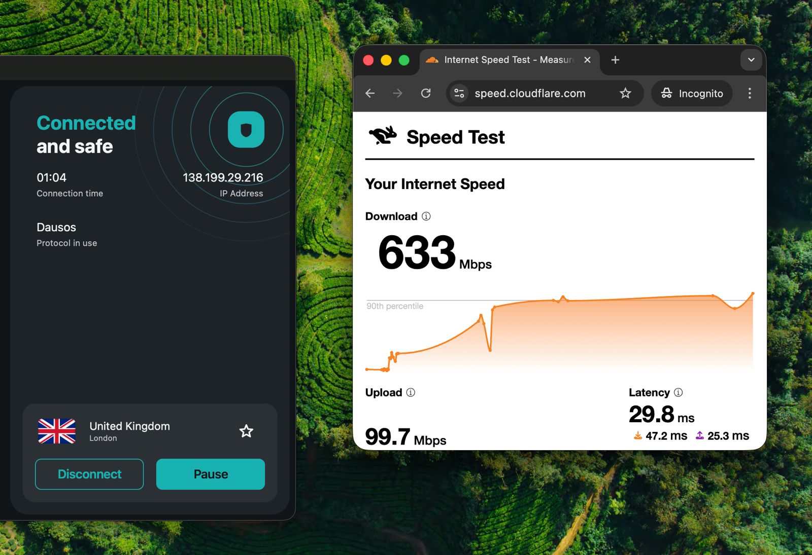 Screenshot showing Surfshark's new protocol and a live speed test