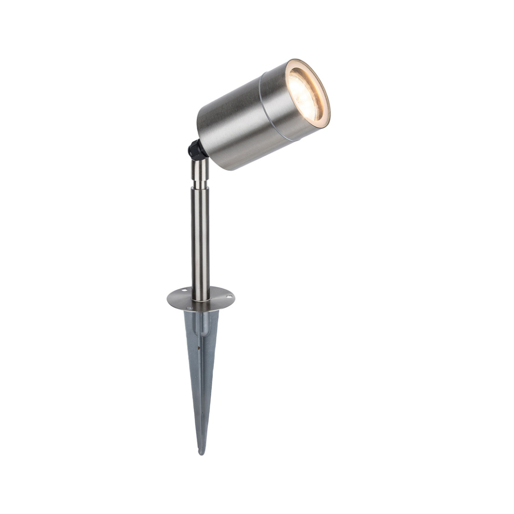 Stainless steel spike light with adjustable head where the bulb is