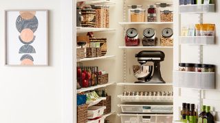 Pantry with small appliances and shelves above and on left and back of door fromThe Container Store