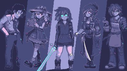 Neverway screenshot showing lead character Fiona in the center holding a sword with four residents standing either side of her