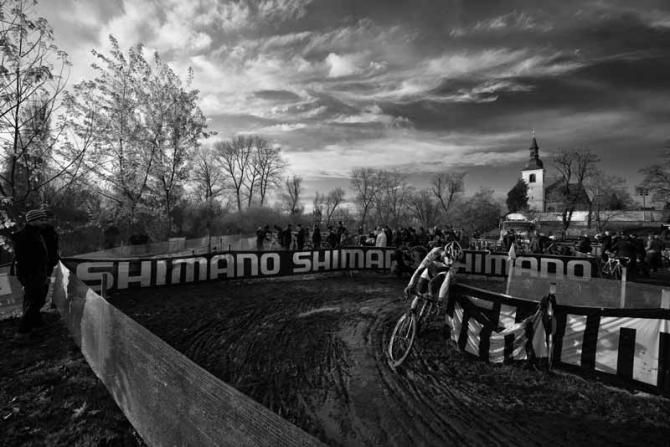 A rider corners during the Plzen World Cup